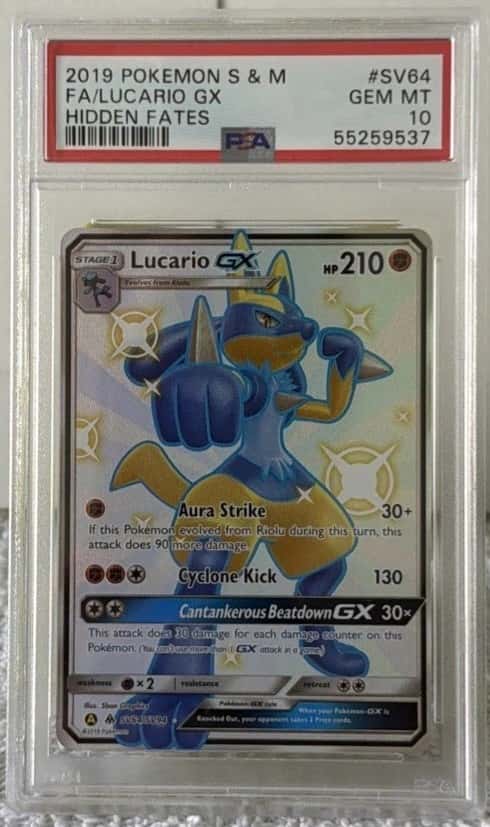 2019 POKEMON SUN & MOON HIDDEN FATES FULL ART/LUCARIO GX #SV64 PSA 10