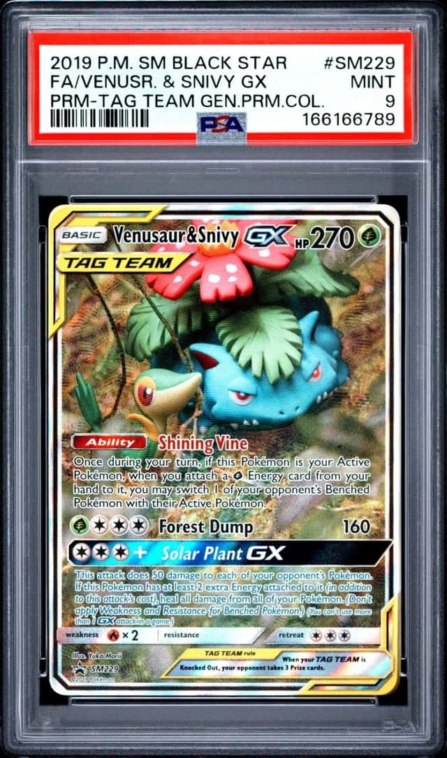 2019 POKEMON SM BLACK STAR PROMO #SM229 FULL ART/VENUSAUR & SNIVY GX PSA 9