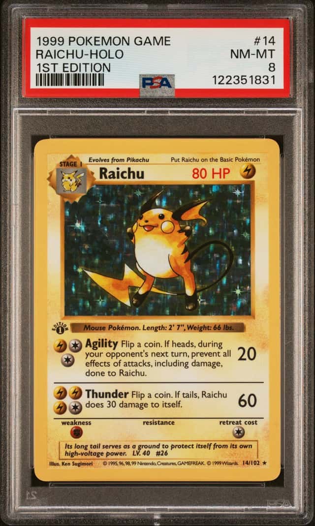 1999 POKEMON BASE SET 1ST EDITION #14 RAICHU-HOLO PSA 8