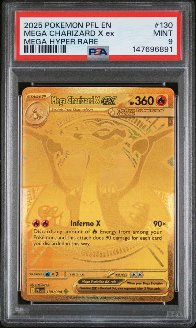 2025 POKEMON PFL EN MEGA HYPER RARE GOLD #130 MEGA CHARIZARD X PSA 9 MINT RARE 