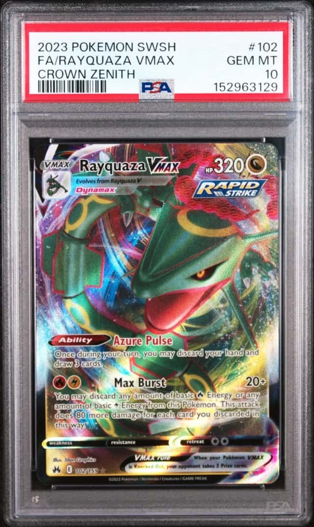 2023 POKEMON SWORD & SHIELD CROWN ZENITH #102 FULL ART/RAYQUAZA VMAX PSA 10
