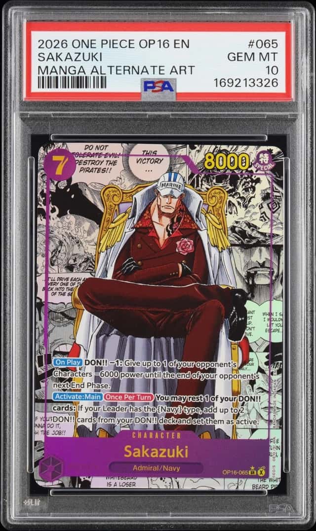 2026 ONE PIECE OP16-THE TIME OF BATTLE MANGA ALTERNATE ART #065 SAKAZUKI PSA 10