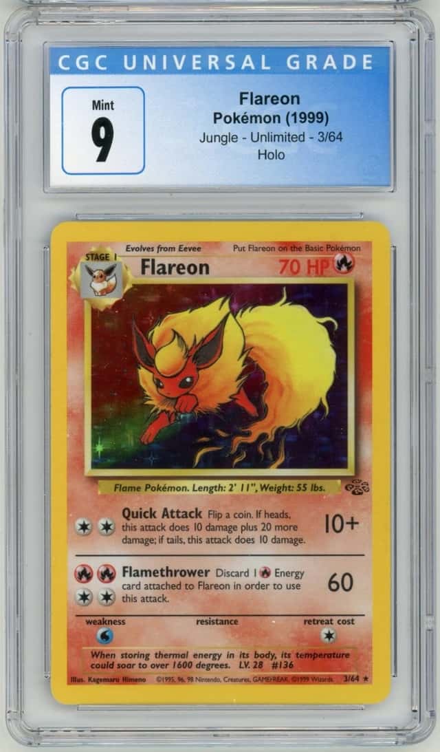 Flareon CGC 9 Mint 1999 Pokemon Jungle Unlimited Holo 3/64