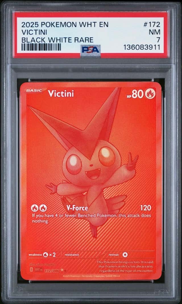 2025 POKEMON WHT EN-WHITE FLARE BLACK WHITE RARE #172 VICTINI PSA 7