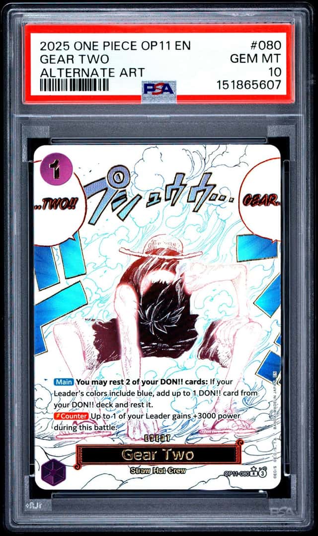 2025 ONE PIECE GEAR TWO ALTERNATE ART OP11-A FIST OF DIVINE SPEED #080 PSA 10