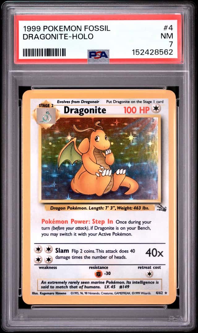 🚀 Dragonite PSA 7 4/62 Fossil Holo Vintage Pokémon Card 1999 Rare Graded 🚀