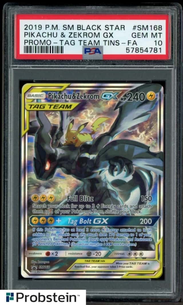 2019 Pokemon SM BSP Tag Team Tins #168 FA Pikachu & Zekrom GX PSA 10 GEM MINT