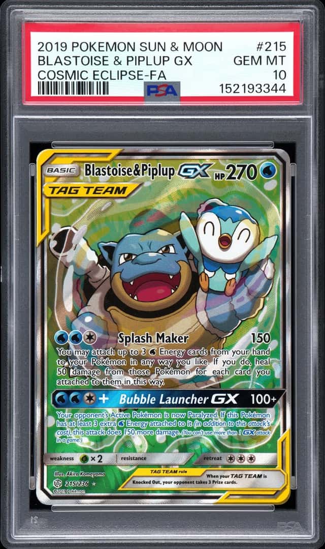 2019 Pokemon Sun & Moon Cosmic Eclipse FA #215 Blastoise & Piplup Gx PSA 10