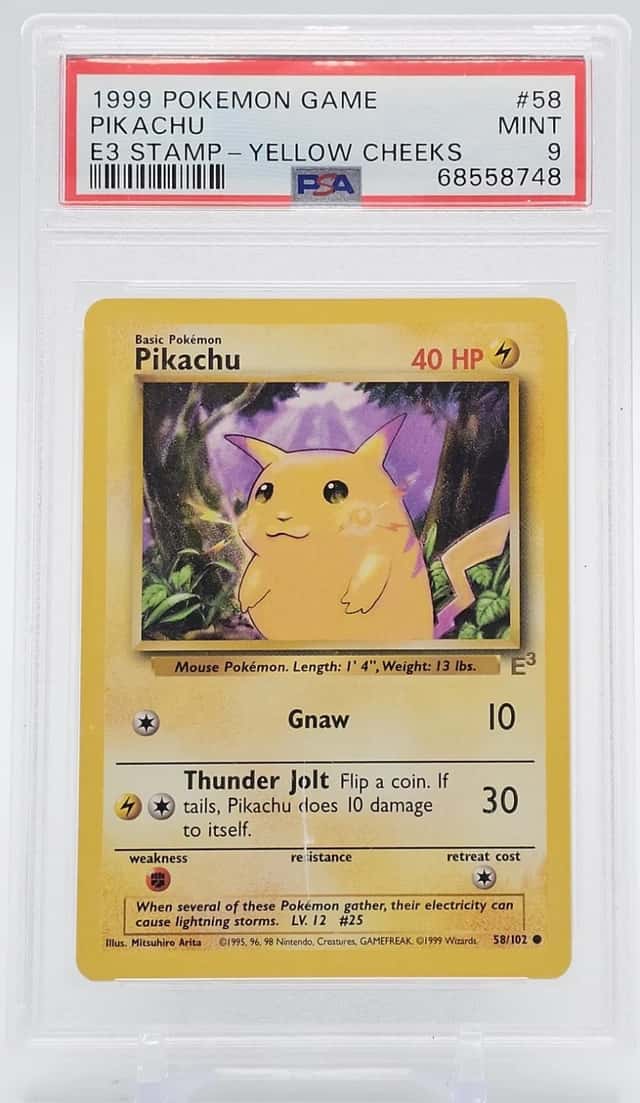 PIKACHU 1999 POKEMON BASE SET #58 E3 STAMP YELLOW CHEEKS PSA 9 MINT Q7285