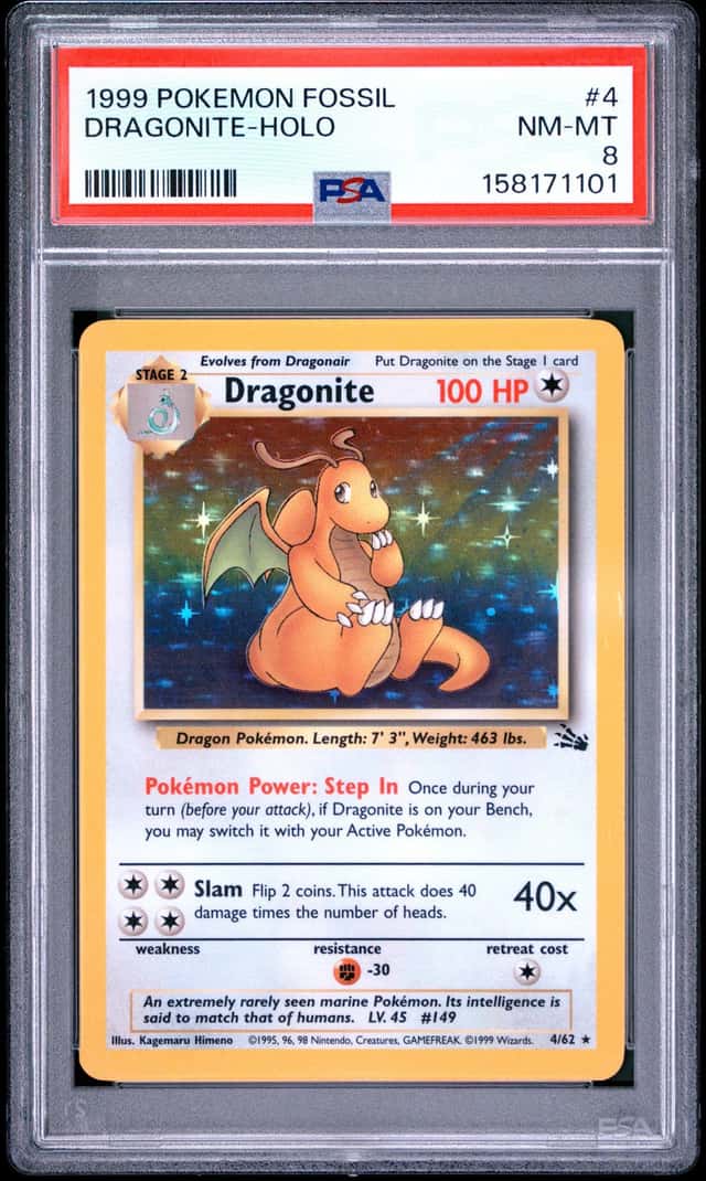 1999 POKEMON FOSSIL #4 DRAGONITE-HOLO PSA 8