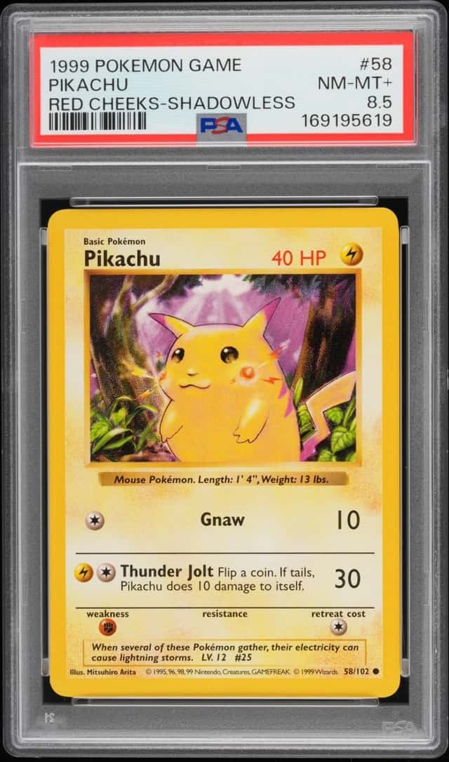 1999 POKEMON BASE SET RED CHEEKS-SHADOWLESS #58 PIKACHU PSA 8.5