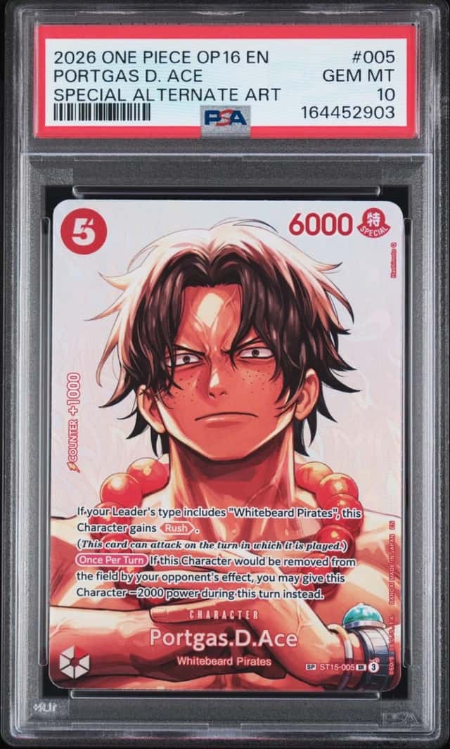 2026 ONE PIECE THE TIME OF BATTLE SPECIAL ALT ART #005 PORTGAS D. ACE PSA 10