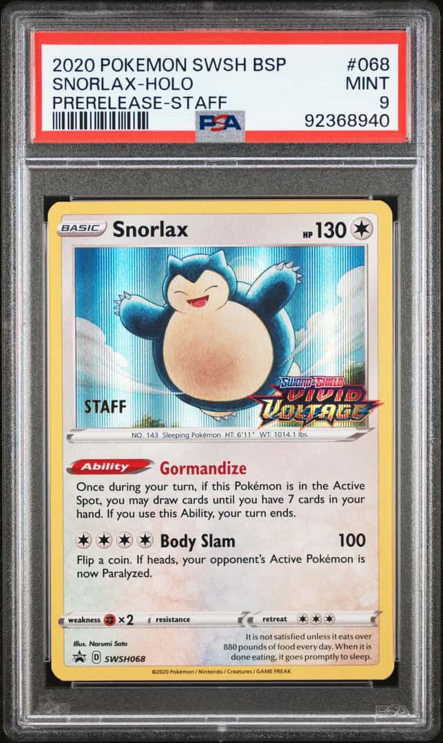 2019 POKEMON SWORD & SHIELD BLACK STAR PROMOS SNORLAX STAFF PRERELEASE PSA 9