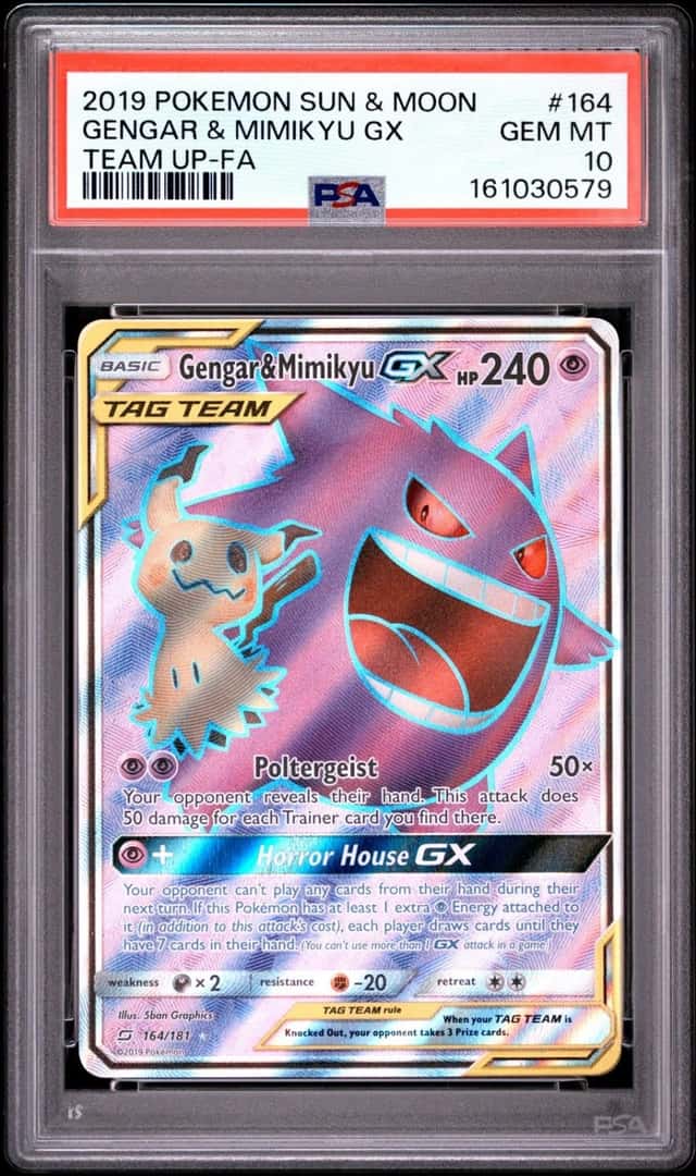 2019 POKEMON SUN & MOON TEAM UP #164 FULL ART/GENGAR & MIMIKYU GX PSA 10