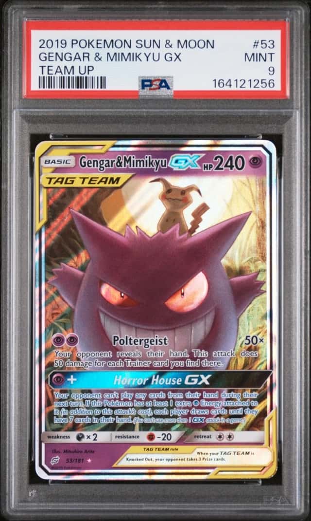 2019 POKEMON SUN & MOON TEAM UP #53 GENGAR & MIMIKYU GX PSA 9