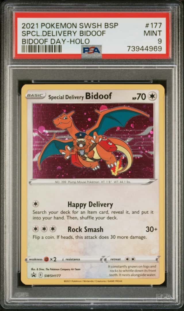 2021 Pokemon Sword & Shield Promo Day Holo Special Delivery Bidoof #SWSH177 PSA 9 MINT