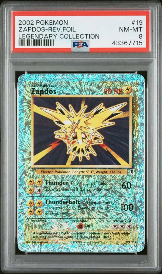 2002 POKEMON LEGENDARY COLLECTION #19 ZAPDOS-REVERSE FOIL PSA 8