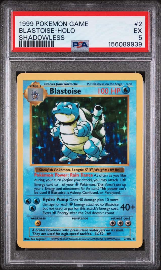 1999 POKEMON BASE SET SHADOWLESS #2 BLASTOISE-HOLO PSA 5