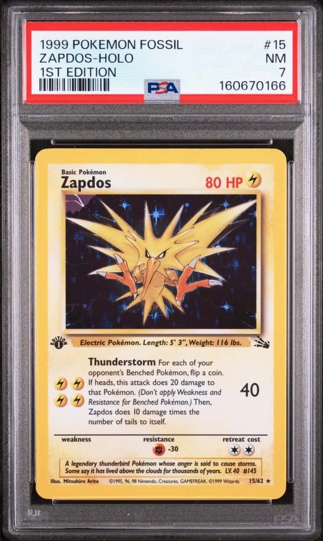 1999 POKEMON FOSSIL 1ST EDITION #15 ZAPDOS-HOLO PSA 7