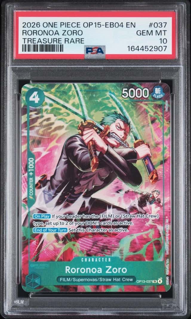 2026 ONE PIECE OP15-EB04-ADVENTURE ON KAMI'S ISLAND #037 RORONOA ZORO PSA 10