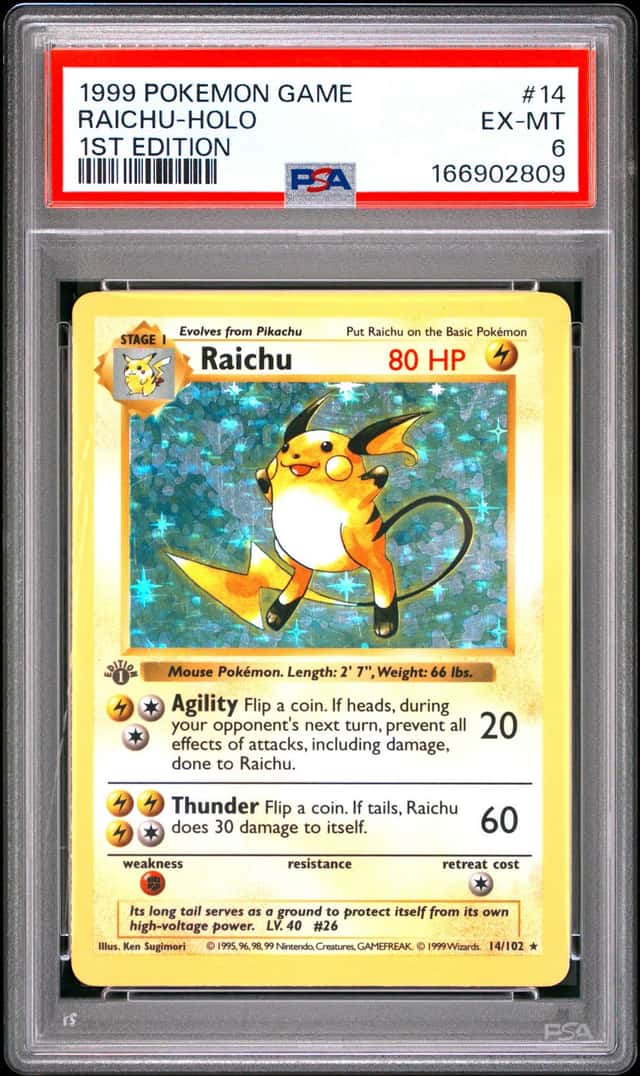 1999 POKEMON BASE SET 1ST EDITION #14 RAICHU-HOLO PSA 6
