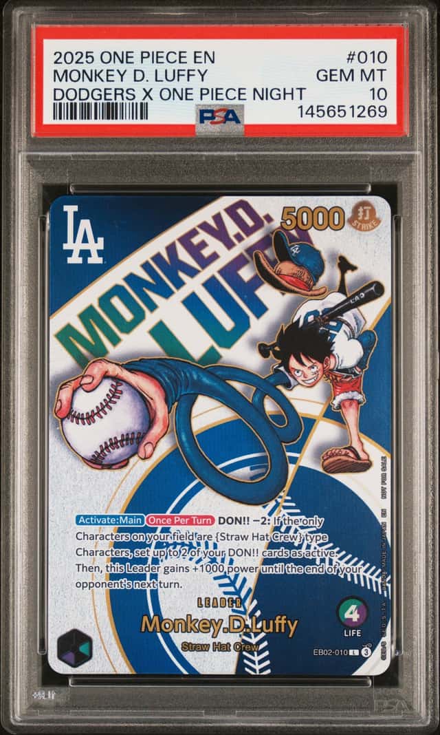 One Piece Monkey D. Luffy Promo 010 Dodgers X One Piece Night PSA 10 Gem Mint