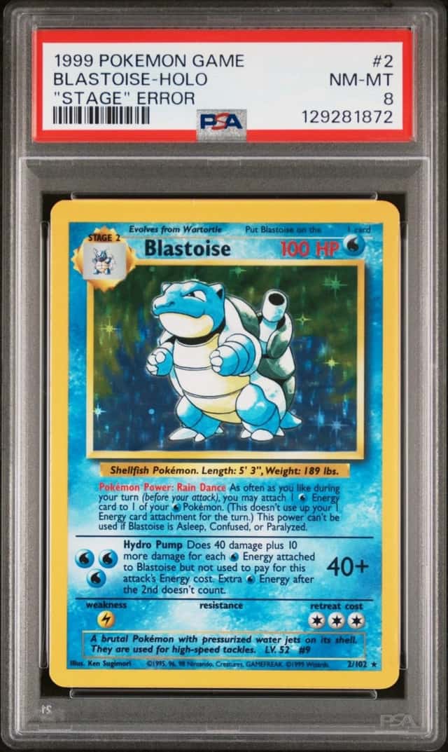 Pokemon Blastoise "Stage" Error Base Set Unlimited Holo 2/102 PSA 8