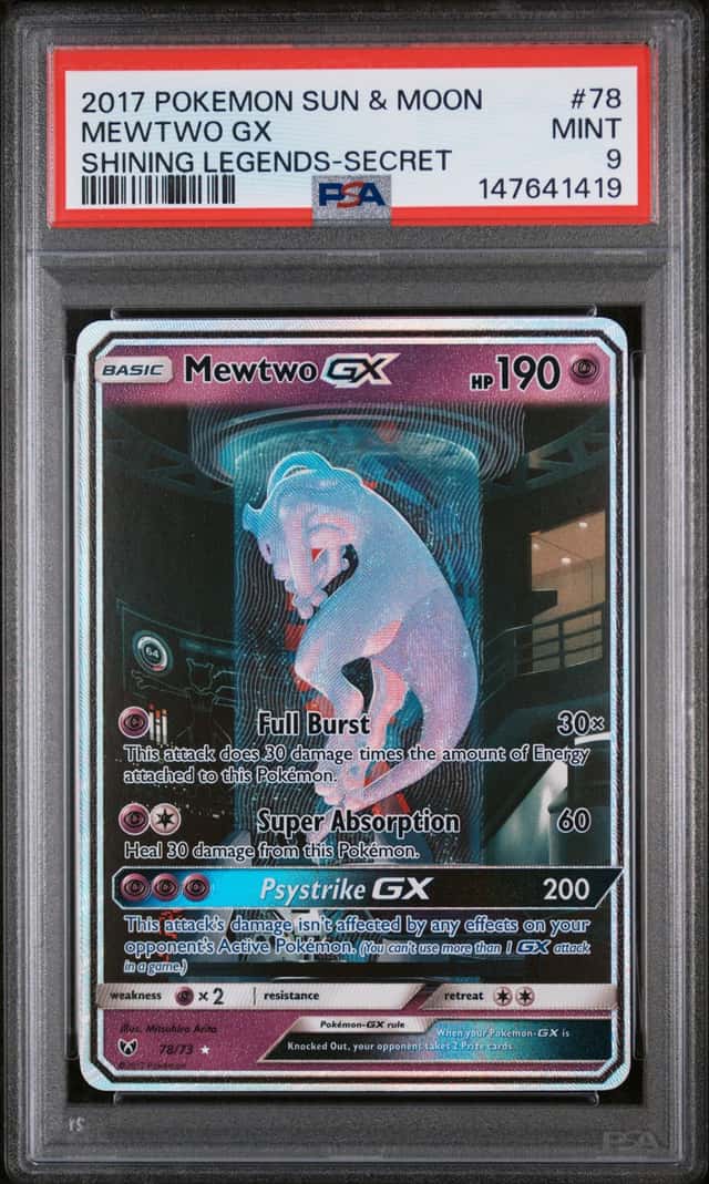 2017 POKEMON S & M SHINING LEGENDS #78/73 MEWTWO GX SECRET RARE PSA 9