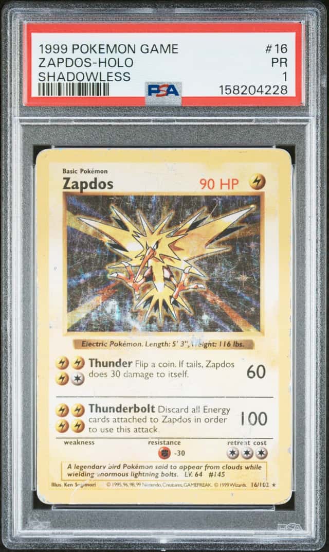 1999 POKEMON BASE SET ZAPDOS 1ST EDITION SHADOWLESS HOLO 16/102 PSA 1