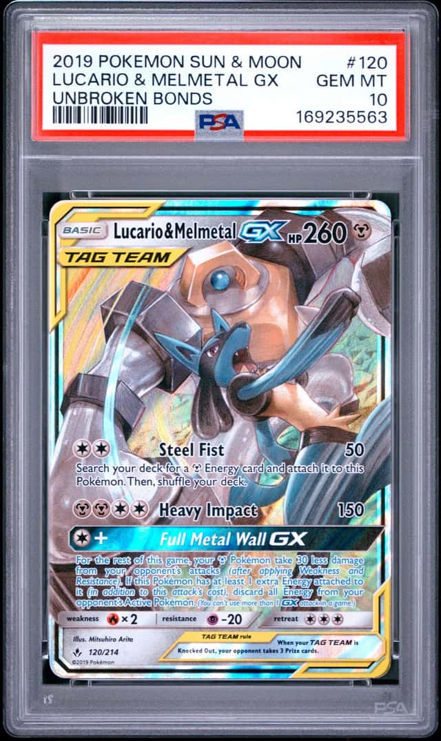 2019 POKEMON SUN & MOON UNBROKEN BONDS #120 LUCARIO & MELMETAL GX PSA 10