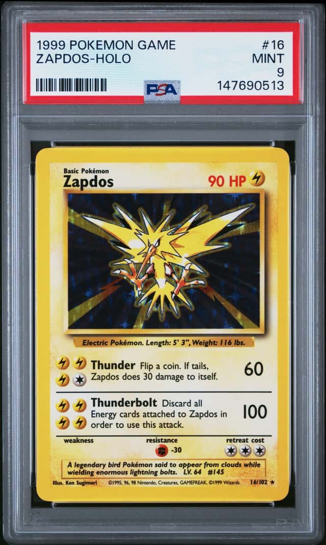 1999 POKEMON BASE SET UNLIMITED #16 ZAPDOS-HOLO PSA 9