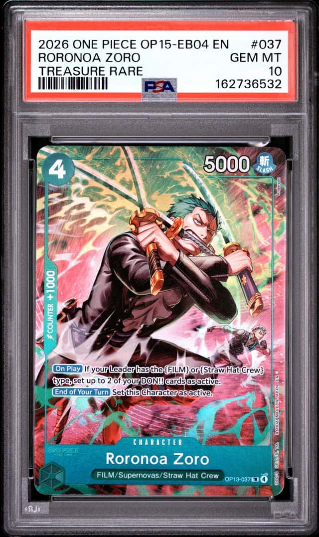 2026 ONE PIECE OP15-EB04-ADVENTURE ON KAMI'S ISLAND #037 RORONOA ZORO PSA 10