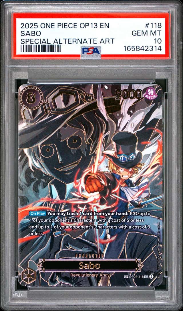 2025 ONE PIECE OP13-CARRYING ON HIS WILL SPECIAL ALTERNATE ART #118 SABO PSA 10