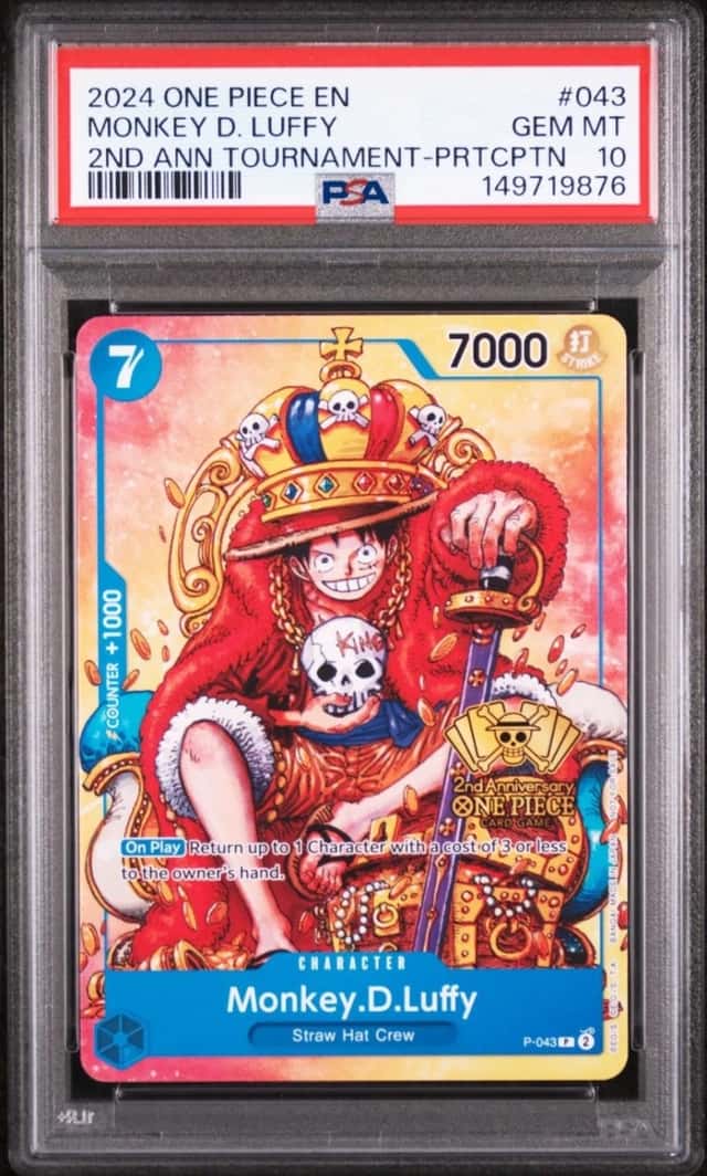 One Piece Monkey D Luffy 2nd Anniversary Tournament PRTCPTN P-043 PSA 10 Gem