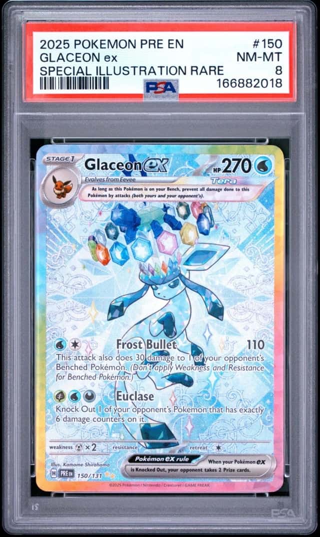 2018 Glaceon ex 2025 Pokemon Prismatic Evolutions #150 SIR PSA 8