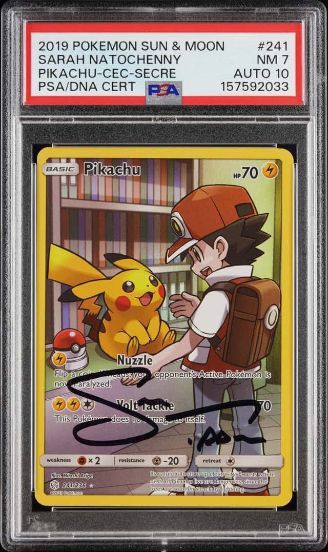 2019 POKEMON SUN & MOON COSMIC ECLIPSE SECRET FULL ART/PIKACHU PSA 7 AUTO 10