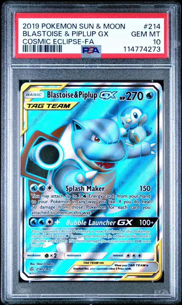 2019 POKEMON SUN & MOON COSMIC ECLIPSE FULL ART/BLASTOISE & PIPLUP GX PSA 10