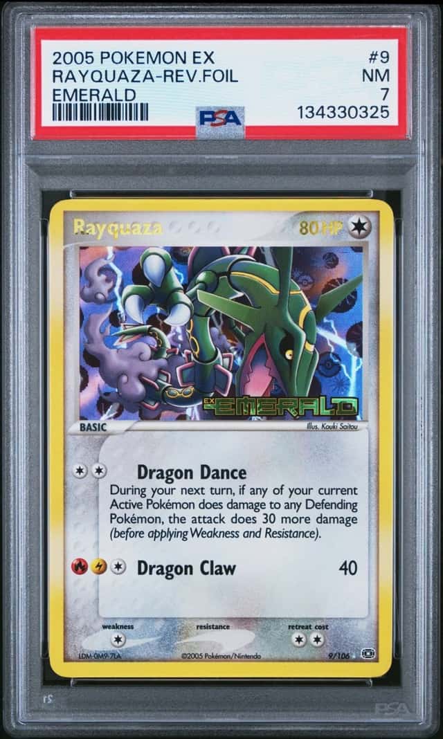 2005 POKEMON EX EMERALD #9 RAYQUAZA-REVERSE FOIL PSA 7