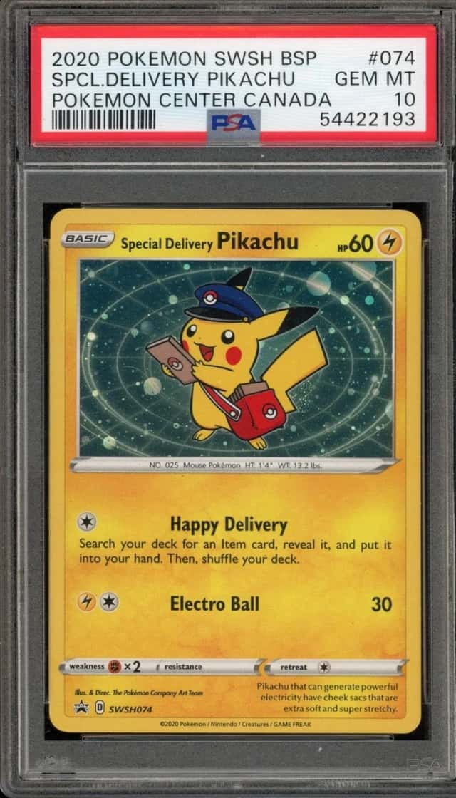 Pokemon Special Delivery Pikachu Holo Promo SWSH074 Pokemon Center Canada PSA 10