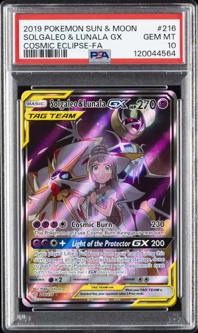 2019 POKEMON SUN & MOON COSMIC ECLIPSE #216 FULL ART/SOLGALEO & LUNALA GX PSA 10