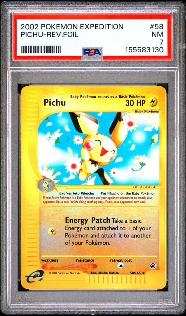 2002 POKEMON EXPEDITION #58 PICHU-REV.FOIL PSA 7
