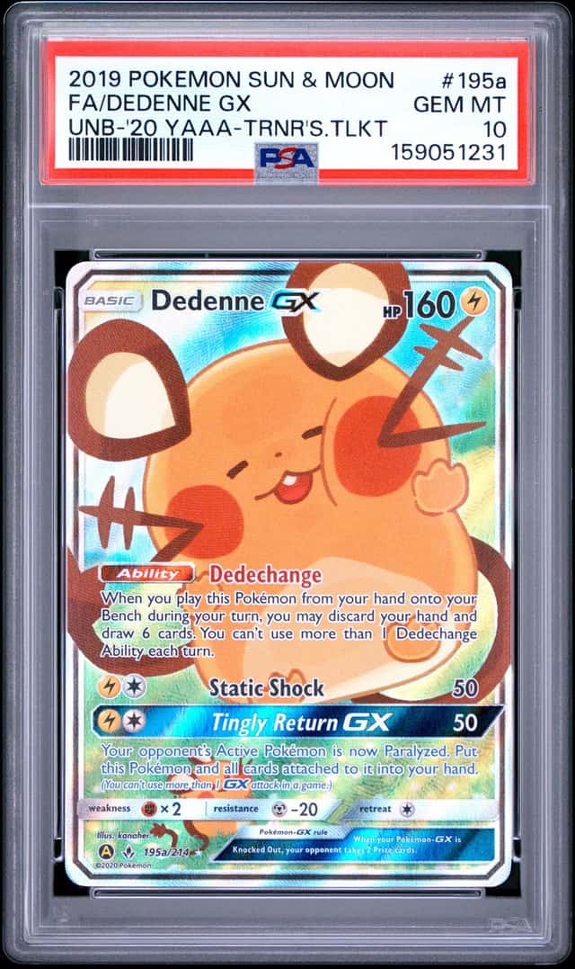 POKEMON DEDENNE GX 2019 S&M UNB #195a 20 YAAA-TRNR'S.TLKT FA PSA 10