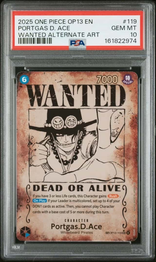 One Piece Portgas D. Ace Carrying On His Will OP13-119 Wanted Alt Art PSA 10