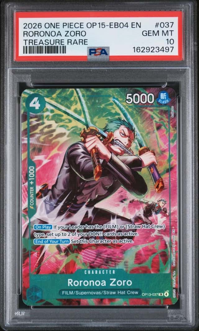 2026 ONE PIECE OP15-EB04-ADVENTURE ON KAMI'S ISLAND #037 RORONOA ZORO PSA 10