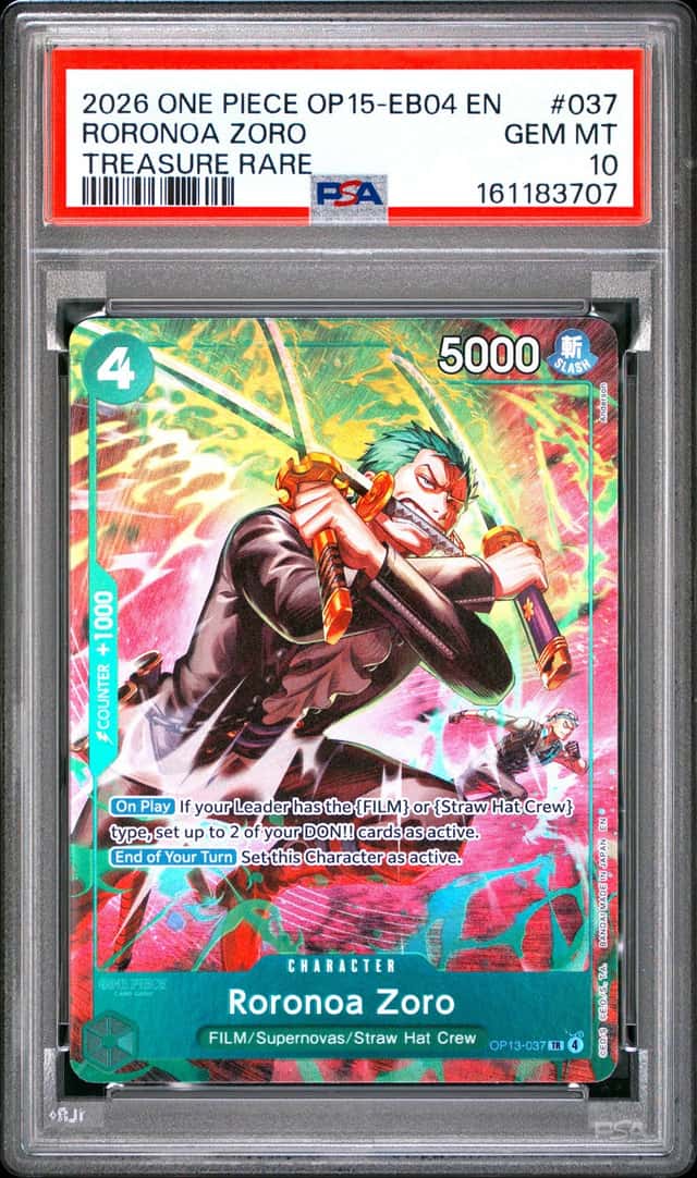 2026 ONE PIECE OP15-EB04-ADVENTURE ON KAMI'S ISLAND #037 RORONOA ZORO PSA 10
