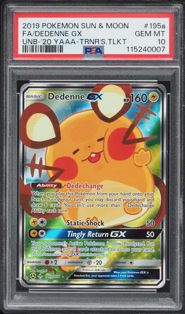 2020 Pokemon Sun & Moon Unbroken Bonds Trainer's Toolkit Full Art Dedenne GX #195a PSA 10 GEM