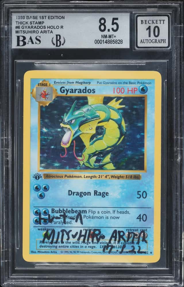 1999 Pokemon Base Set Shadowless 1st Ed. Holo Gyarados Mitsuhiro Arita AUTO #6 BAS BGS 8.5