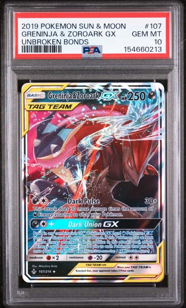 2019 POKEMON SUN & MOON UNBROKEN BONDS #107 GRENINJA & ZOROARK GX PSA 10