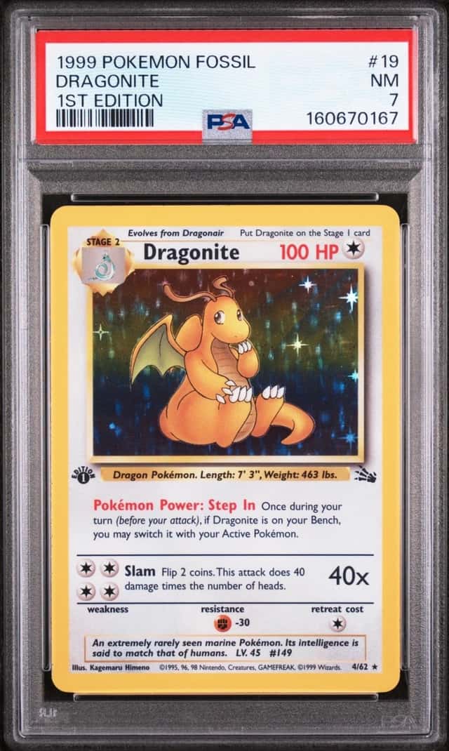 1999 POKEMON FOSSIL 1ST EDITION #19 DRAGONITE PSA 7