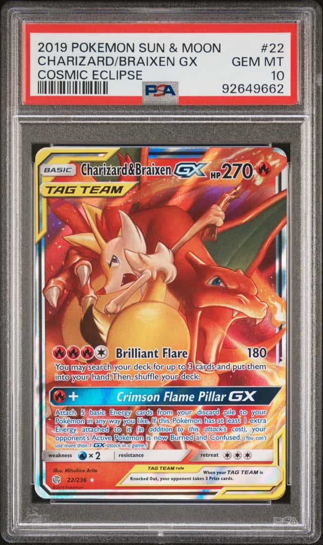 2019 Pokemon Sun & Moon Cosmic Eclipse Charizard Braixen Tag Team #22/236 PSA 10